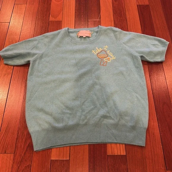 Lingua Franca mushroom Embroidered Cashmere Sweater short sleeve XL Take it easy - Picture 5 of 10